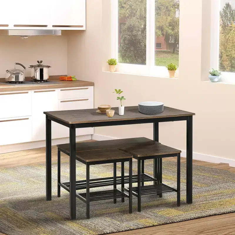 HOMCOM Industrial Dining Table Set, Kitchen Table and Chairs for 4, Dinner Table with Bench Set Metal Frame Storage Shelf, Dinette Set, Rustic Brown