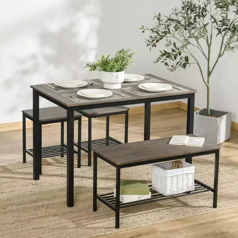 HOMCOM Industrial Dining Table Set, Kitchen Table and Chairs for 4, Dinner Table with Bench Set Metal Frame Storage Shelf, Dinette Set, Rustic Brown