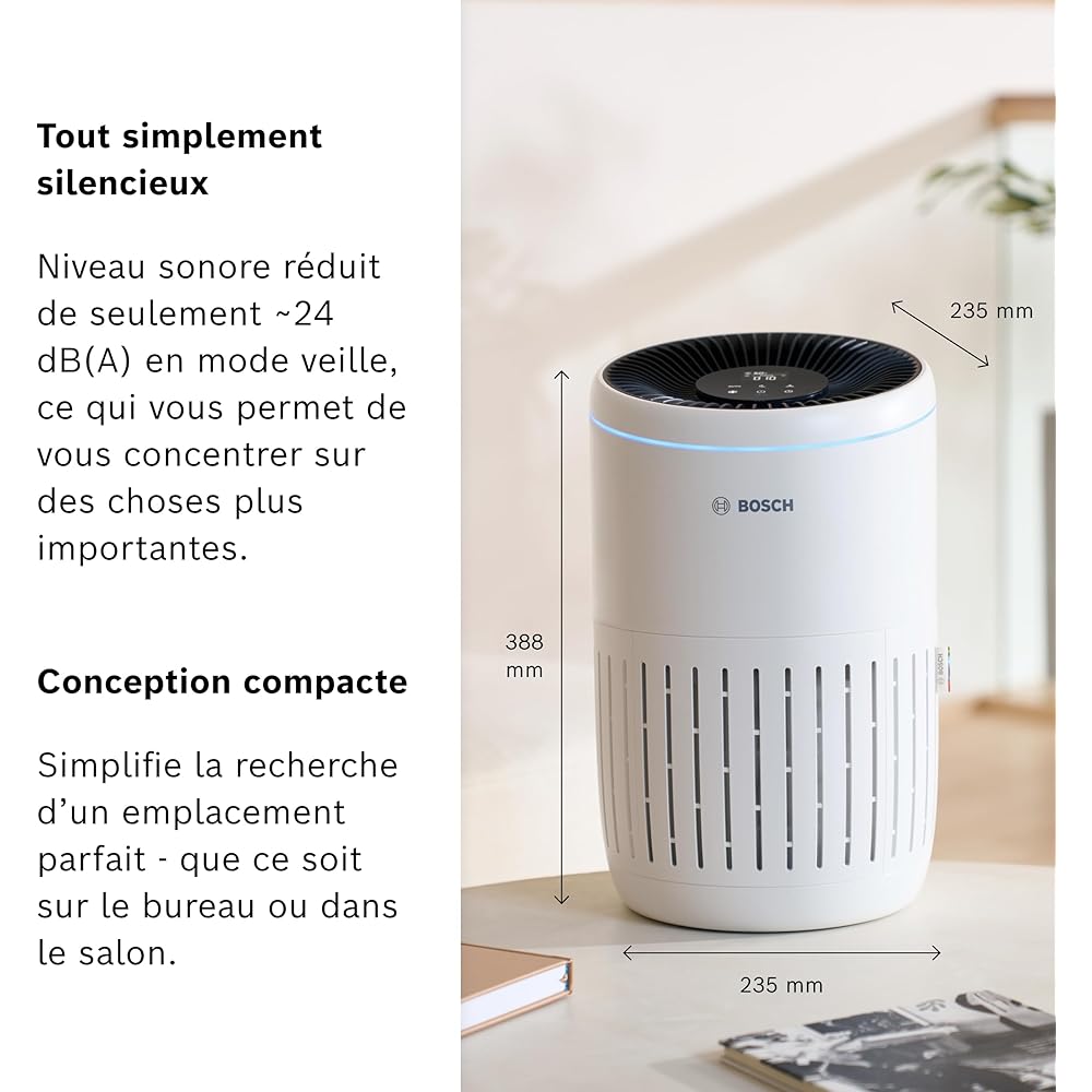 Bosch Air 2000i - Purificateur d'air intelligent - Couvre 37,5 m² - Filtre efficacement plus de 99% des polluants - Mode auto/sommeil (< 25 dB(A)) - CADR : 180 m³/h - Connectivité avec écran et app : Cuisine et Maison