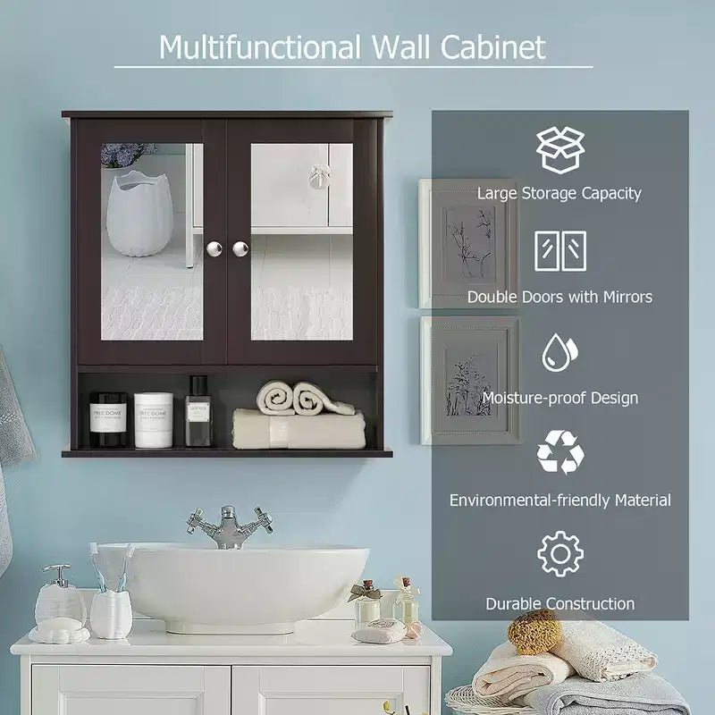 Costway Wall Mount Mirror Cabinet Bathroom Medicine Cabinet Organizer White/Gray/Brown/Black