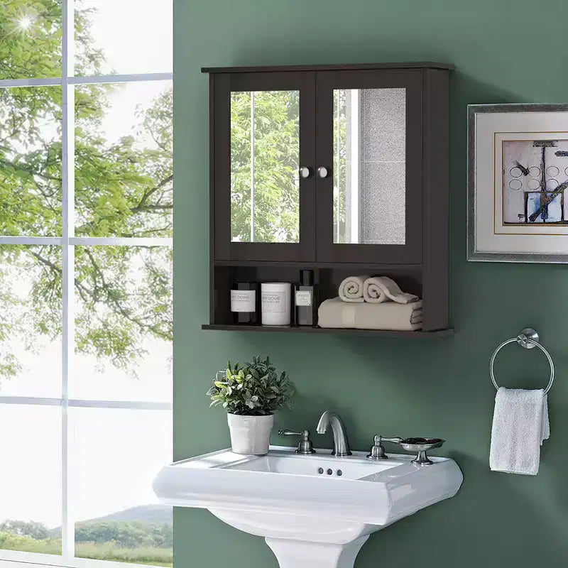 Costway Wall Mount Mirror Cabinet Bathroom Medicine Cabinet Organizer White/Gray/Brown/Black