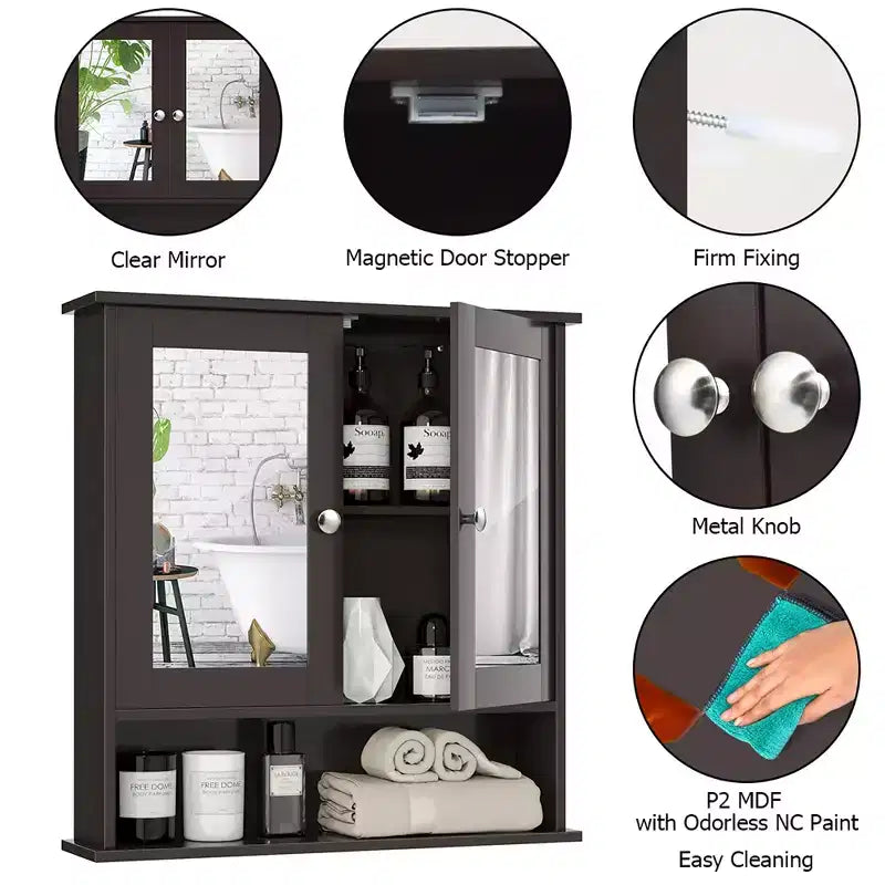 Costway Wall Mount Mirror Cabinet Bathroom Medicine Cabinet Organizer White/Gray/Brown/Black