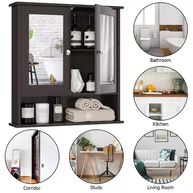 Costway Wall Mount Mirror Cabinet Bathroom Medicine Cabinet Organizer White/Gray/Brown/Black