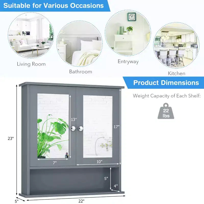 Costway Wall Mount Mirror Cabinet Bathroom Medicine Cabinet Organizer White/Gray/Brown/Black