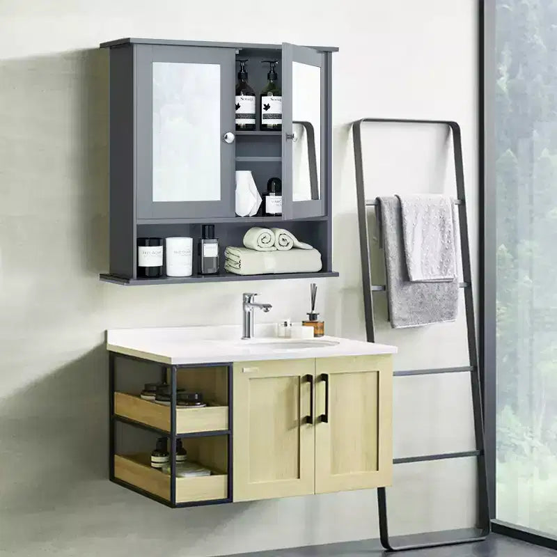 Costway Wall Mount Mirror Cabinet Bathroom Medicine Cabinet Organizer White/Gray/Brown/Black