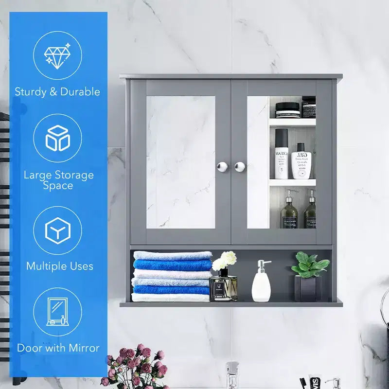Costway Wall Mount Mirror Cabinet Bathroom Medicine Cabinet Organizer White/Gray/Brown/Black