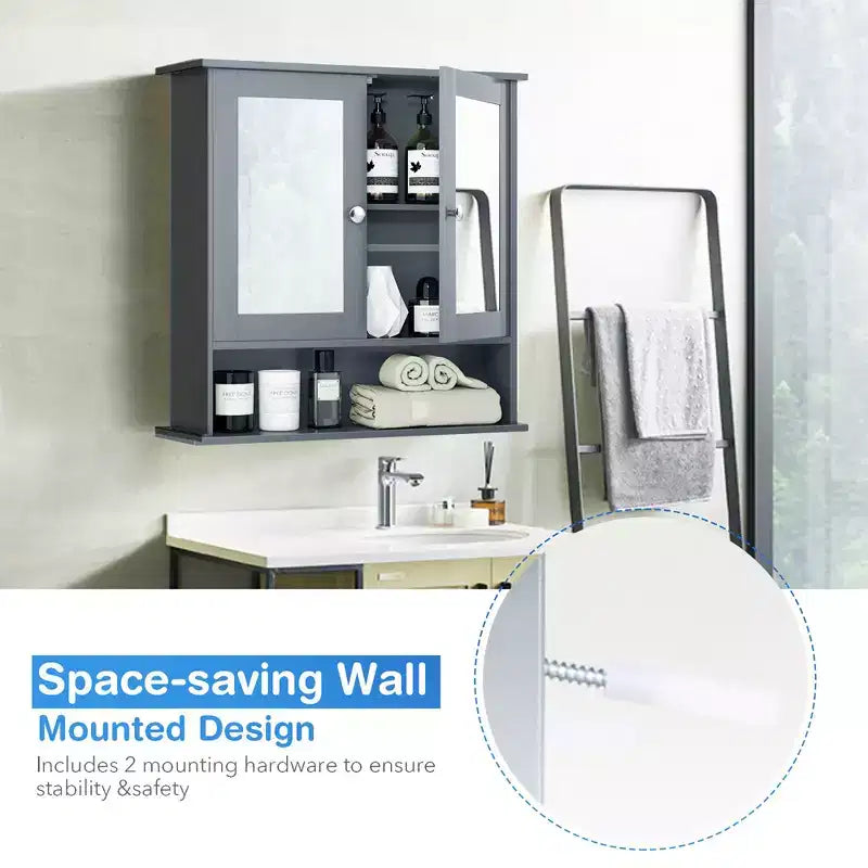 Costway Wall Mount Mirror Cabinet Bathroom Medicine Cabinet Organizer White/Gray/Brown/Black