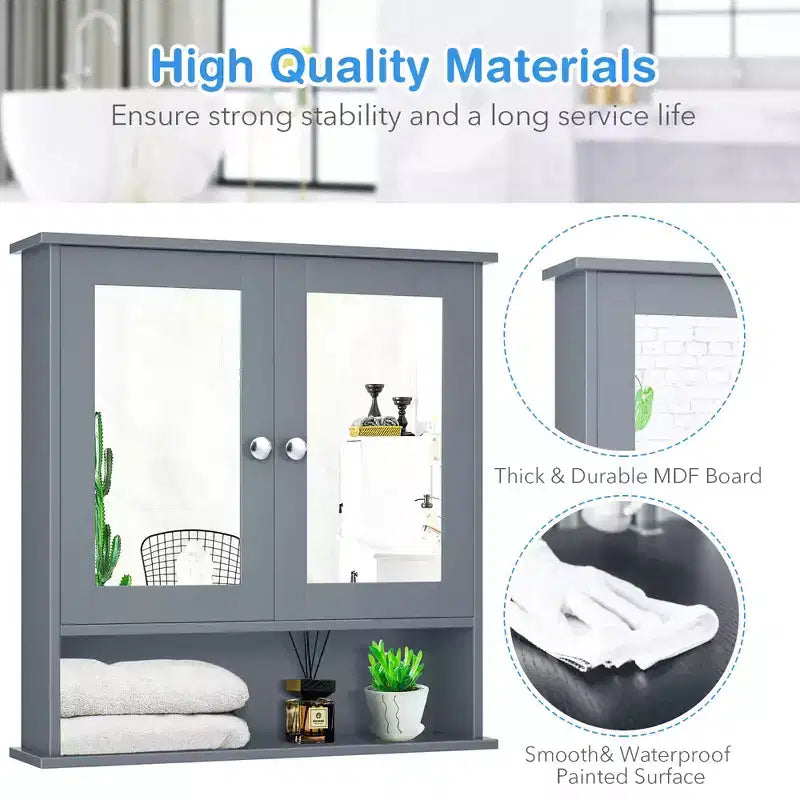 Costway Wall Mount Mirror Cabinet Bathroom Medicine Cabinet Organizer White/Gray/Brown/Black