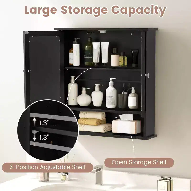 Costway Wall Mount Mirror Cabinet Bathroom Medicine Cabinet Organizer White/Gray/Brown/Black