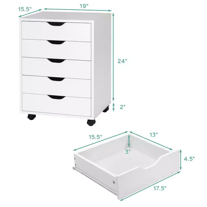 Costway 5 Drawer Chest Storage Dresser Floor Cabinet Organizer with Wheels White