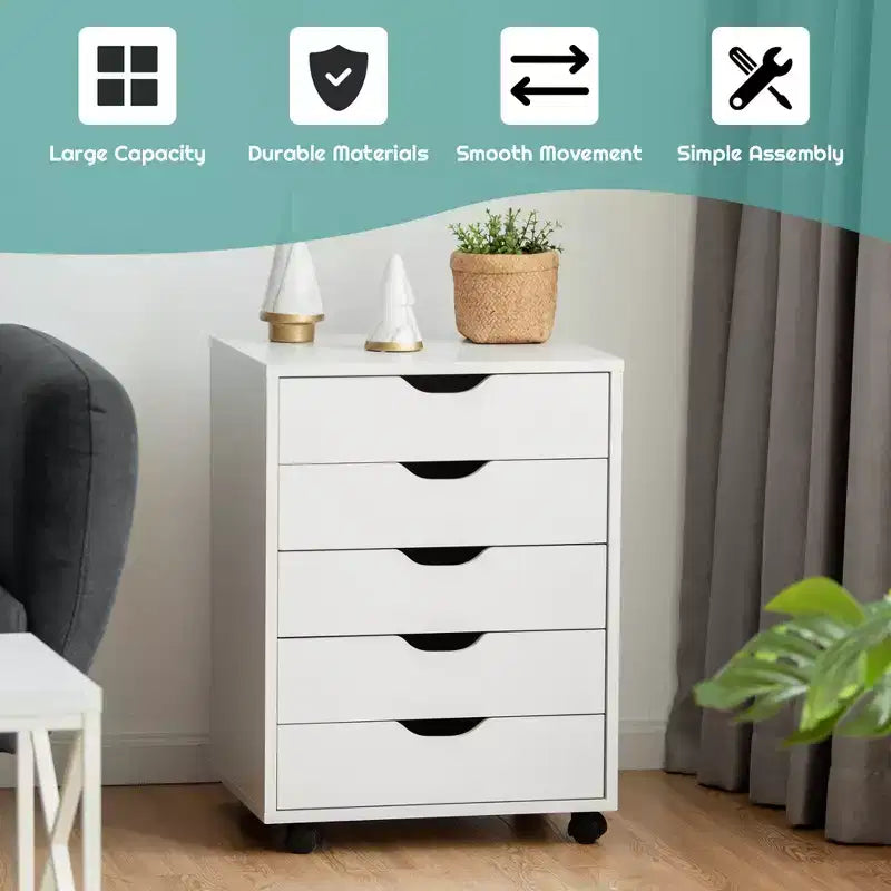Costway 5 Drawer Chest Storage Dresser Floor Cabinet Organizer with Wheels White