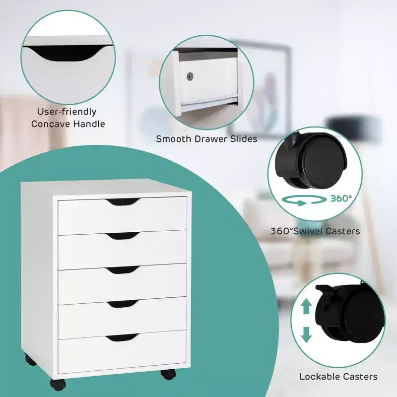 Costway 5 Drawer Chest Storage Dresser Floor Cabinet Organizer with Wheels White