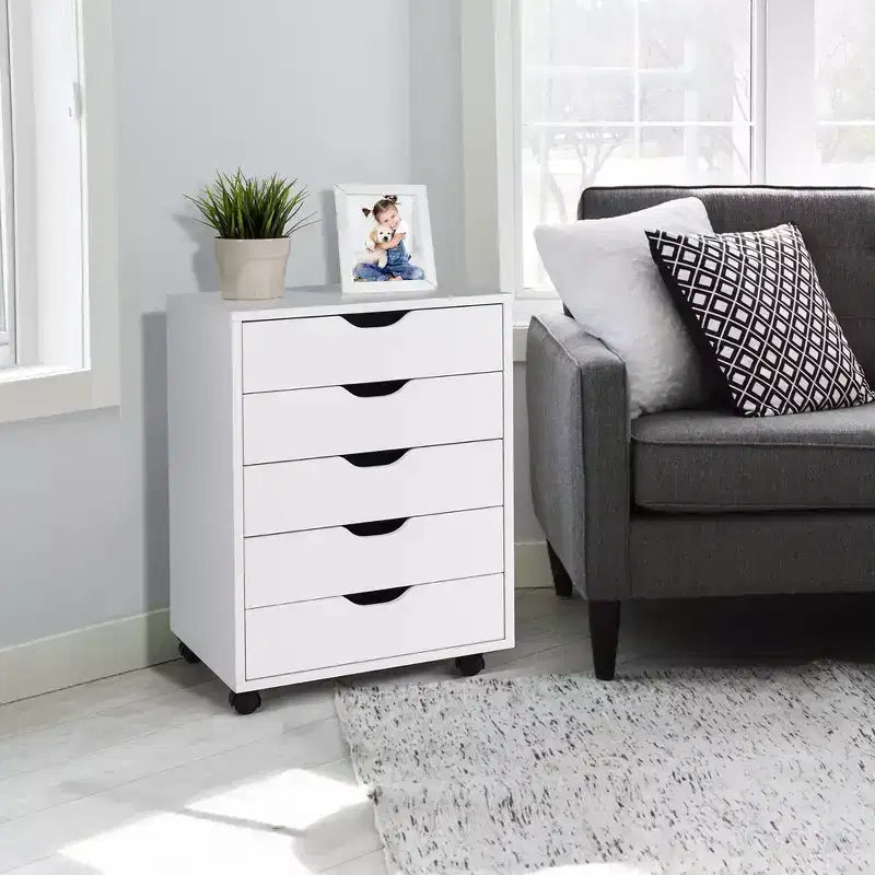 Costway 5 Drawer Chest Storage Dresser Floor Cabinet Organizer with Wheels White