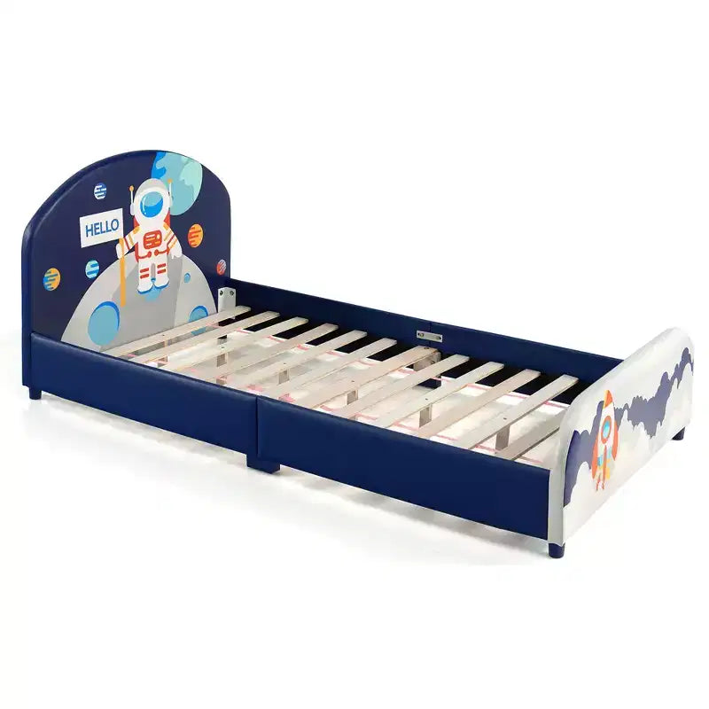 Costway Kids Upholstered Platform Bed Children Twin Size Wooden Bed Astronaut Pattern