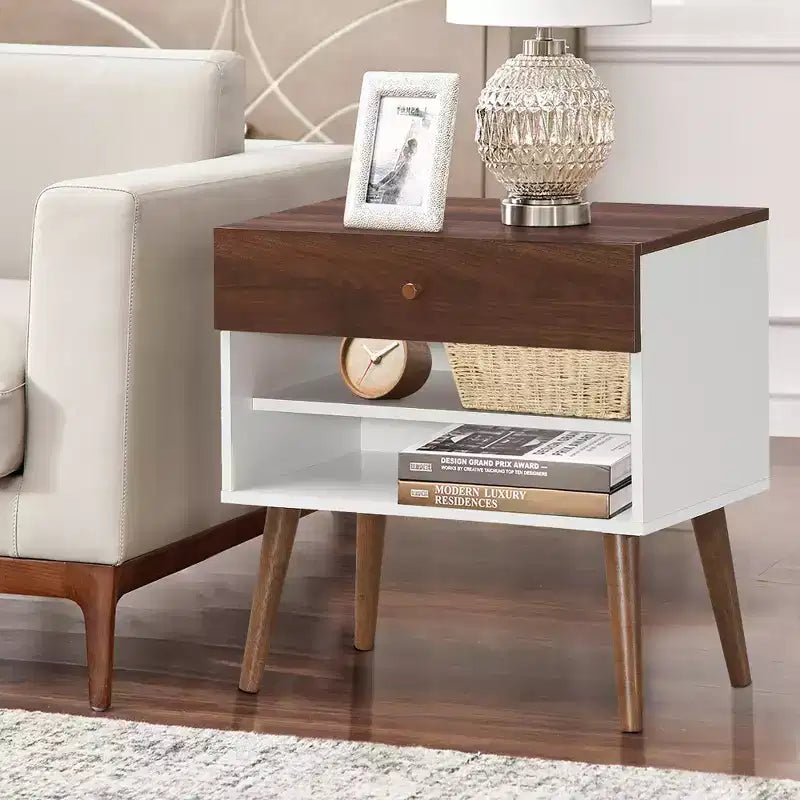Costway 2PCS Nightstand End Side Table Drawer Storage Shelf Mid-Century Rubber Wood Leg