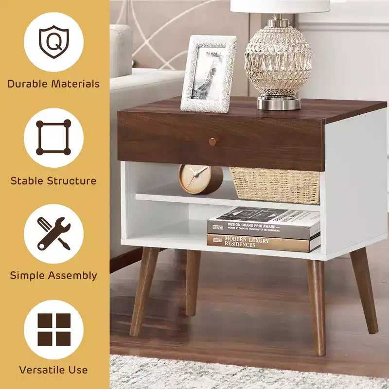 Costway 2PCS Nightstand End Side Table Drawer Storage Shelf Mid-Century Rubber Wood Leg