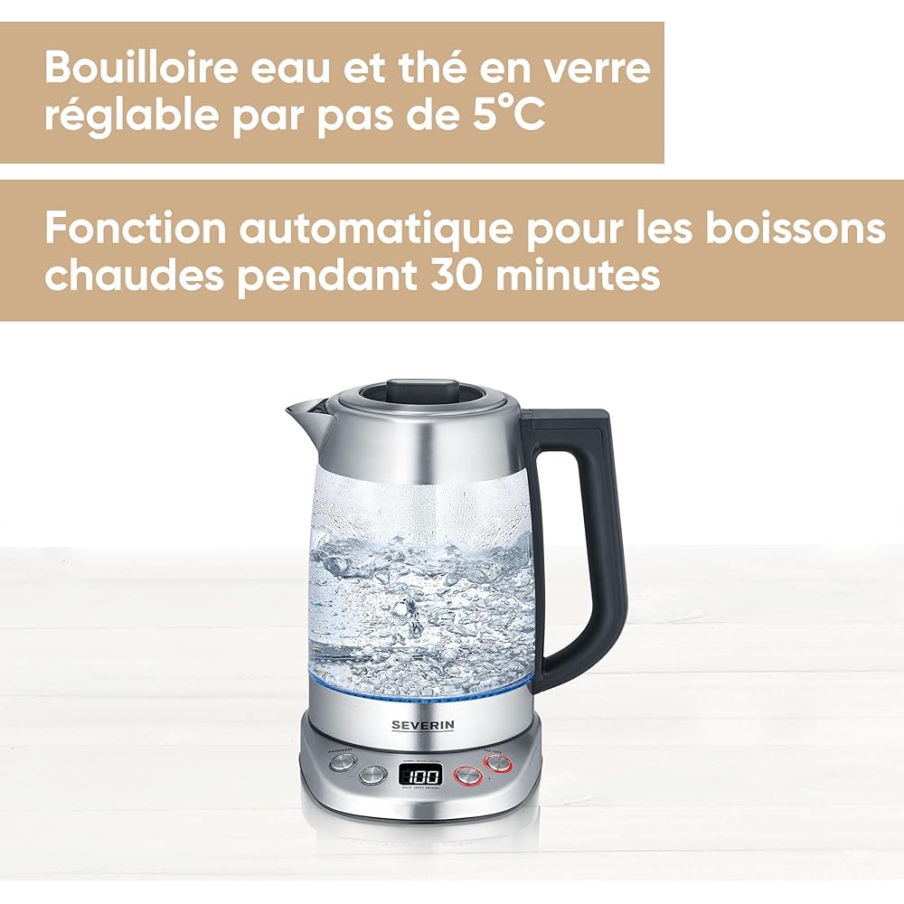 SEVERIN Bouilloire Eau et Thé, 1,7L, 3 000W, Filtre à thé, Température et Temps D'infusion Personnalisables, Verre/Inox, WK 3480 : Cuisine et Maison