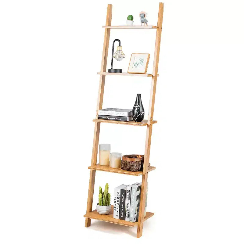 Costway 5-Tier Ladder Shelf Modern Bamboo Leaning Bookshelf Ladder Bookcase Open Display