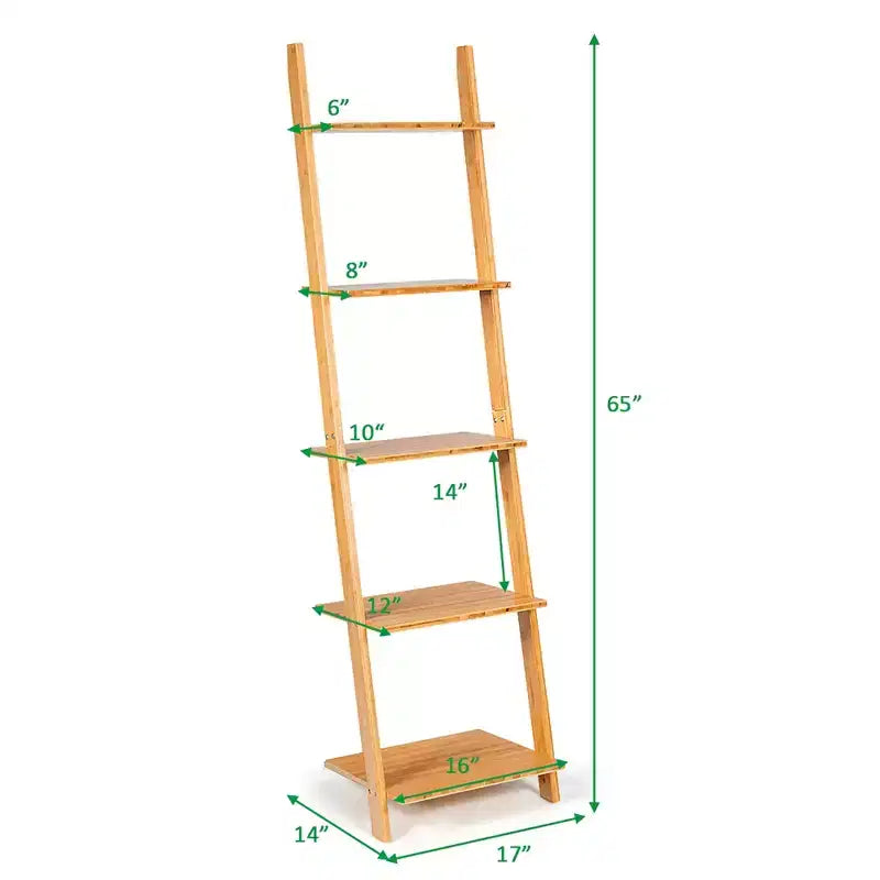 Costway 5-Tier Ladder Shelf Modern Bamboo Leaning Bookshelf Ladder Bookcase Open Display