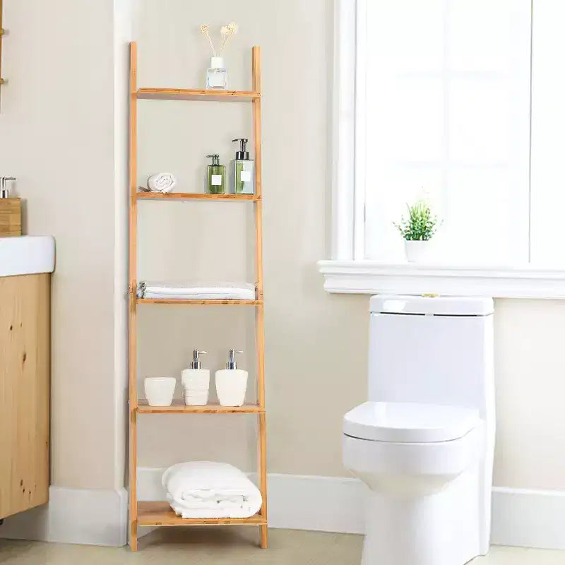 Costway 5-Tier Ladder Shelf Modern Bamboo Leaning Bookshelf Ladder Bookcase Open Display