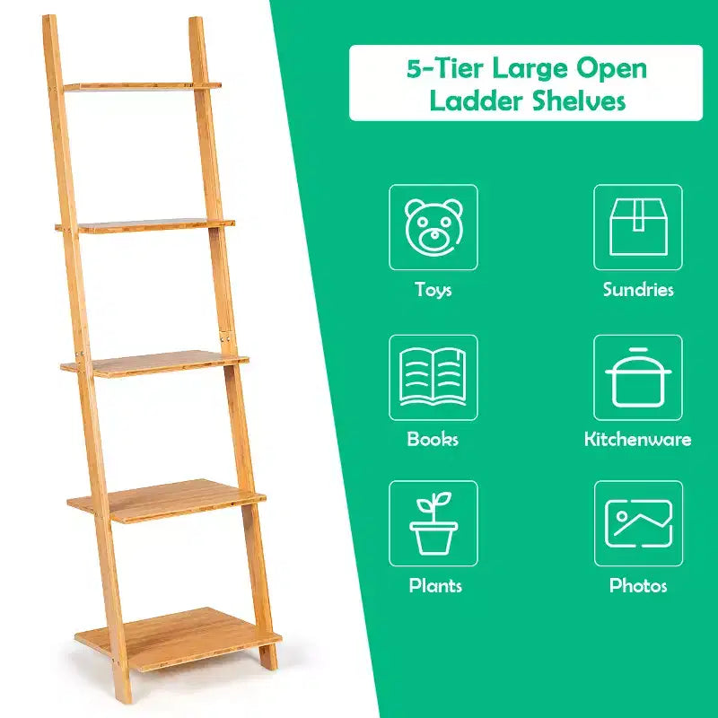Costway 5-Tier Ladder Shelf Modern Bamboo Leaning Bookshelf Ladder Bookcase Open Display