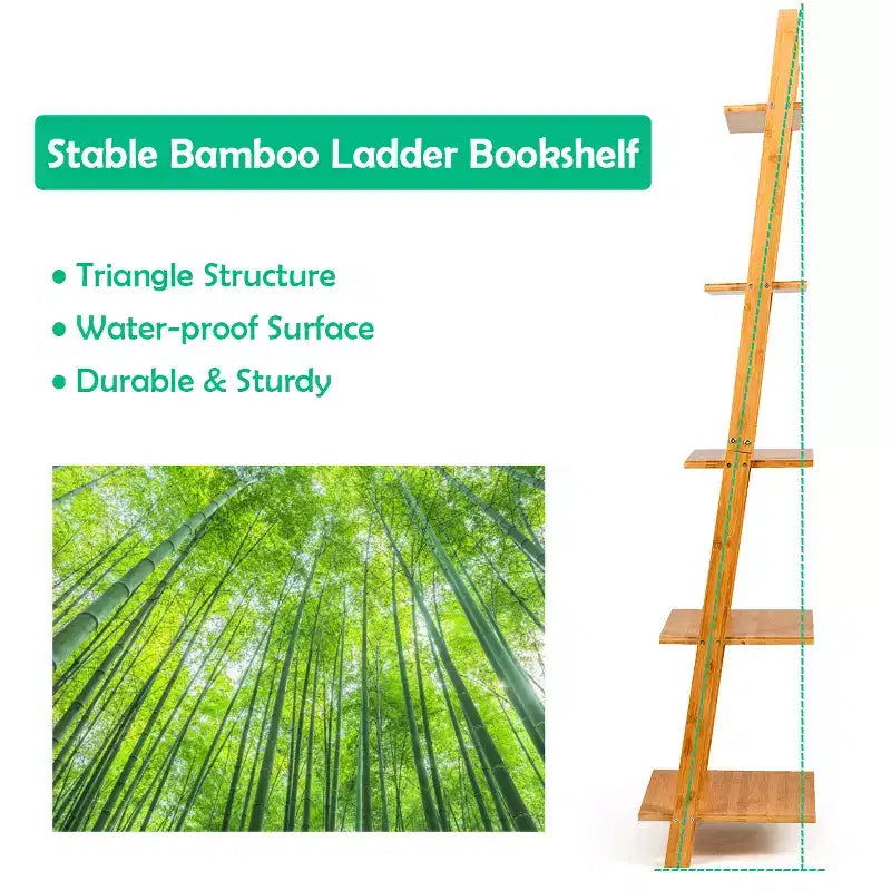 Costway 5-Tier Ladder Shelf Modern Bamboo Leaning Bookshelf Ladder Bookcase Open Display