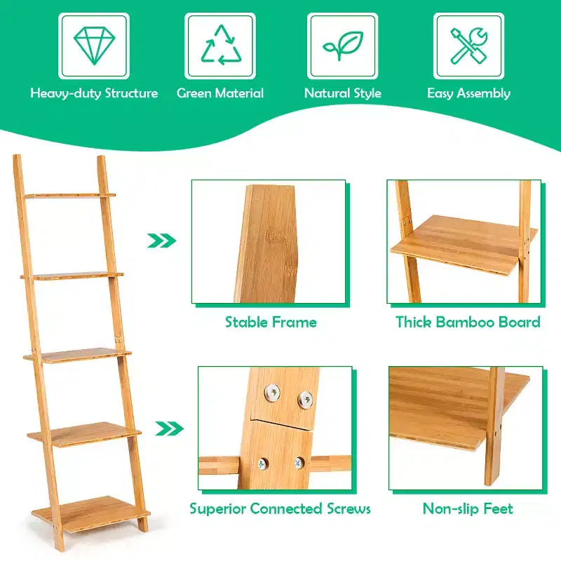 Costway 5-Tier Ladder Shelf Modern Bamboo Leaning Bookshelf Ladder Bookcase Open Display