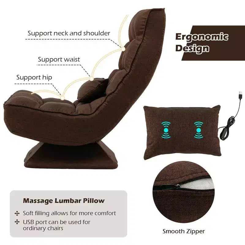Costway 360 Swivel Floor Chair 5-Level Adjustable Lazy Chair w/ Massage Pillow Grey\Black\Brown