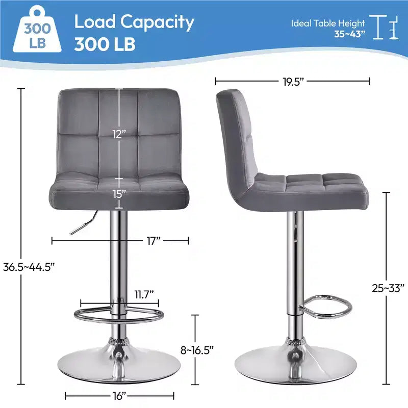 Yaheetech 2pcs Adjustable Modern Velvet Swivel Bar Stool with Backrest And Large Pedestal Base