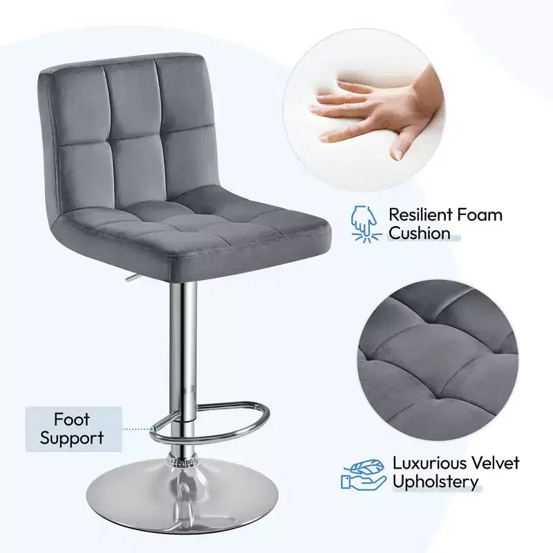 Yaheetech 2pcs Adjustable Modern Velvet Swivel Bar Stool with Backrest And Large Pedestal Base