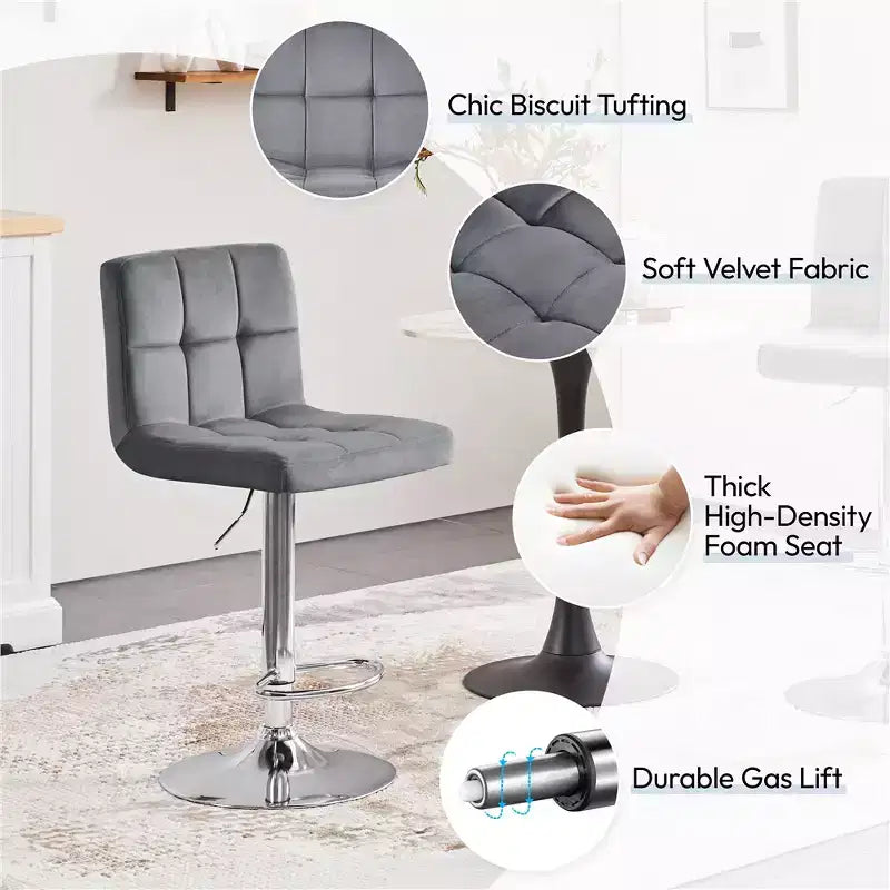 Yaheetech 2pcs Adjustable Modern Velvet Swivel Bar Stool with Backrest And Large Pedestal Base