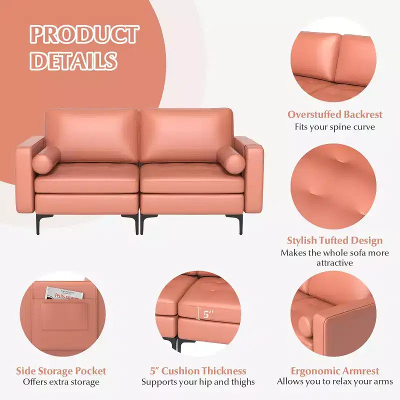 Costway Modern Loveseat 2-Seat Sofa Couch with 2 Bolsters Side Storage Pocket Grey/Red