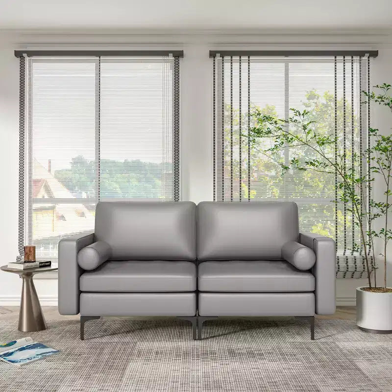 Costway Modern Loveseat 2-Seat Sofa Couch with 2 Bolsters Side Storage Pocket Grey/Red