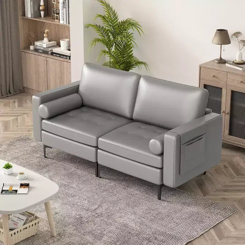 Costway Modern Loveseat 2-Seat Sofa Couch with 2 Bolsters Side Storage Pocket Grey/Red