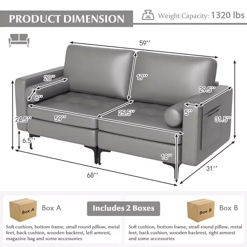 Costway Modern Loveseat 2-Seat Sofa Couch with 2 Bolsters Side Storage Pocket Grey/Red