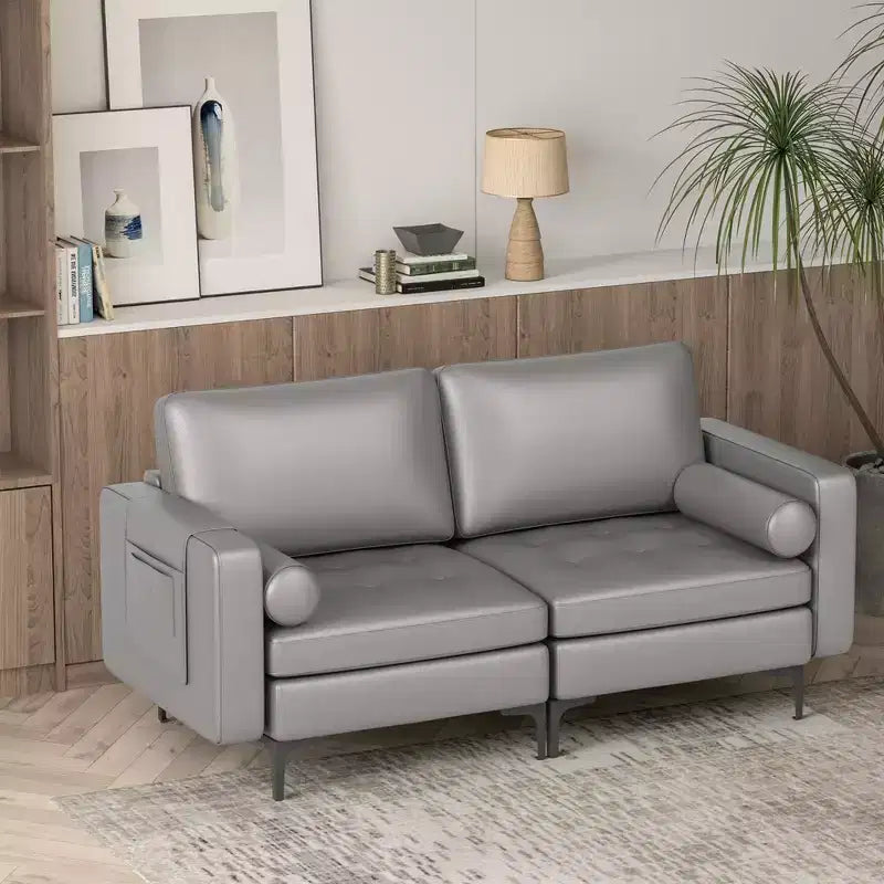 Costway Modern Loveseat 2-Seat Sofa Couch with 2 Bolsters Side Storage Pocket Grey/Red
