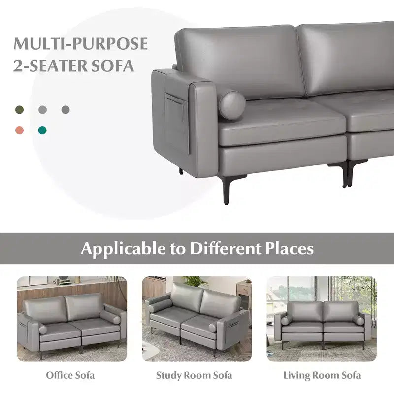 Costway Modern Loveseat 2-Seat Sofa Couch with 2 Bolsters Side Storage Pocket Grey/Red