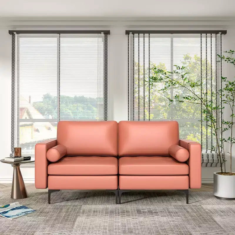 Costway Modern Loveseat 2-Seat Sofa Couch with 2 Bolsters Side Storage Pocket Grey/Red