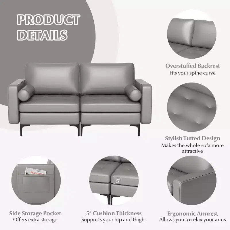 Costway Modern Loveseat 2-Seat Sofa Couch with 2 Bolsters Side Storage Pocket Grey/Red