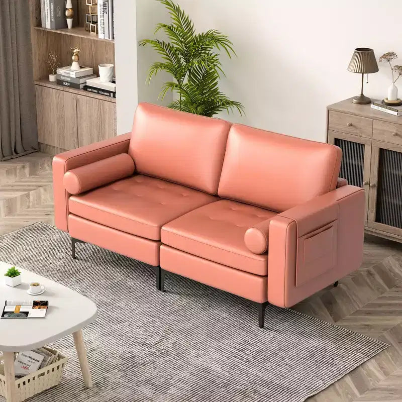 Costway Modern Loveseat 2-Seat Sofa Couch with 2 Bolsters Side Storage Pocket Grey/Red