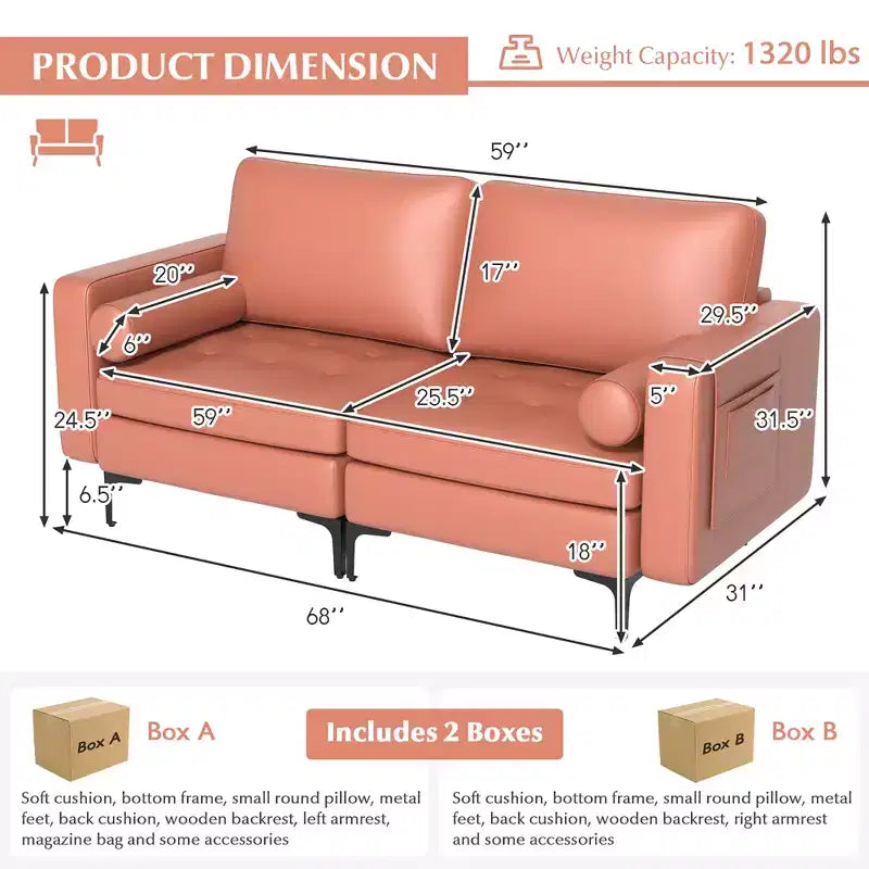Costway Modern Loveseat 2-Seat Sofa Couch with 2 Bolsters Side Storage Pocket Grey/Red
