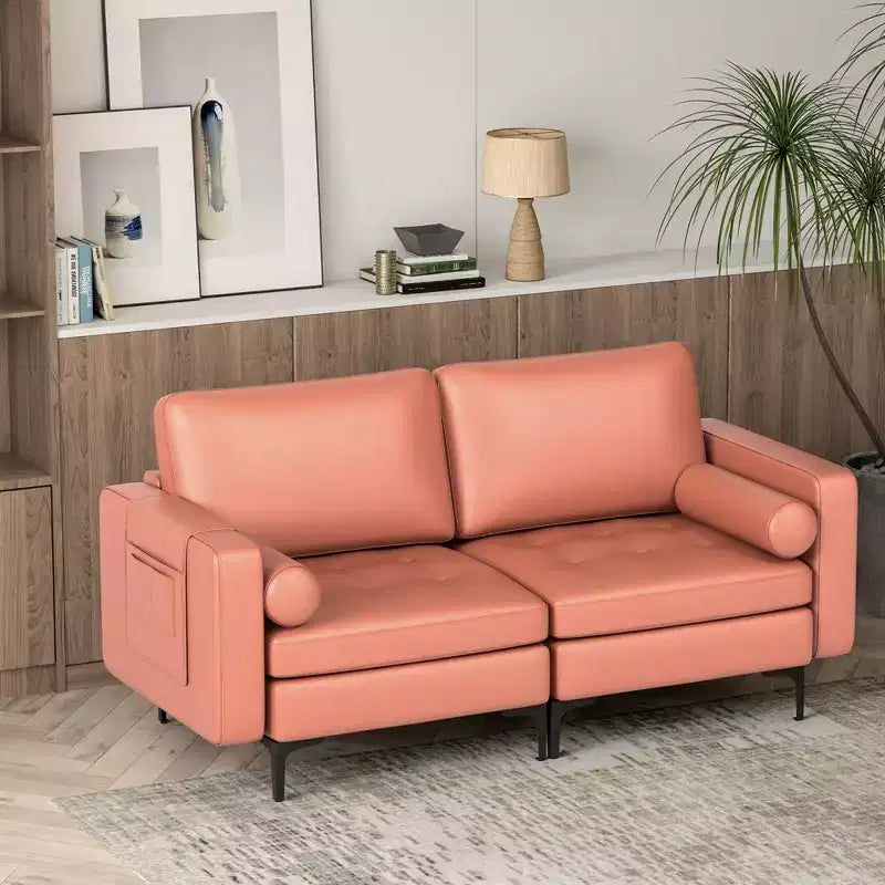 Costway Modern Loveseat 2-Seat Sofa Couch with 2 Bolsters Side Storage Pocket Grey/Red