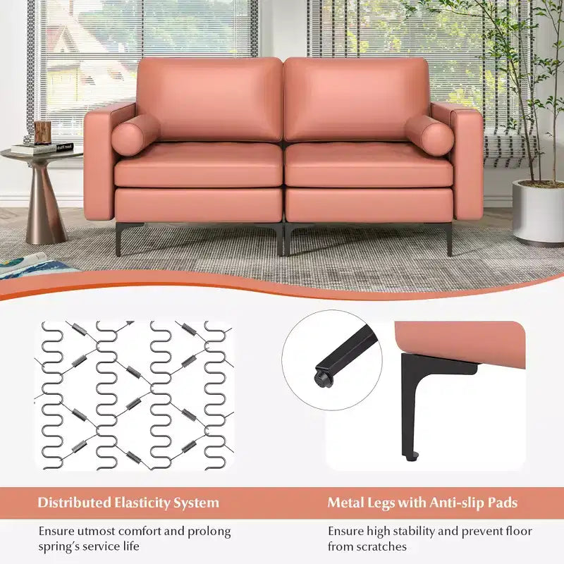 Costway Modern Loveseat 2-Seat Sofa Couch with 2 Bolsters Side Storage Pocket Grey/Red