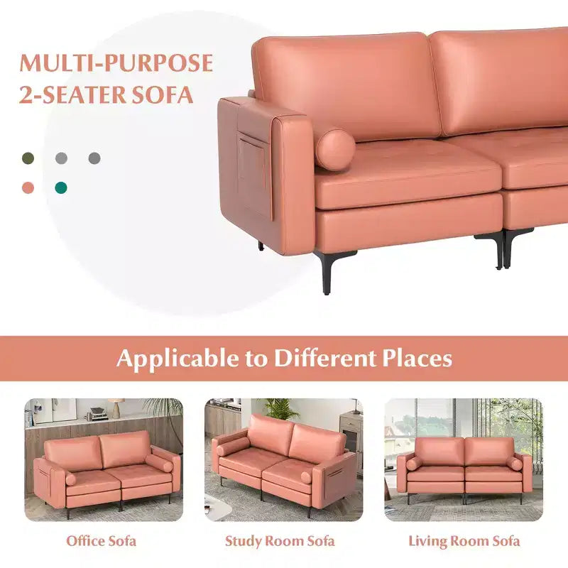 Costway Modern Loveseat 2-Seat Sofa Couch with 2 Bolsters Side Storage Pocket Grey/Red