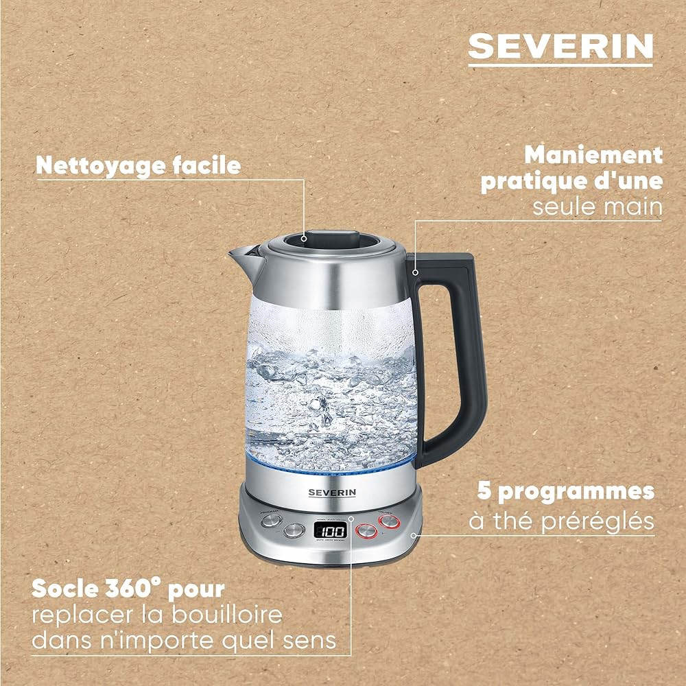 SEVERIN Bouilloire Eau et Thé, 1,7L, 3 000W, Filtre à thé, Température et Temps D'infusion Personnalisables, Verre/Inox, WK 3480 : Cuisine et Maison