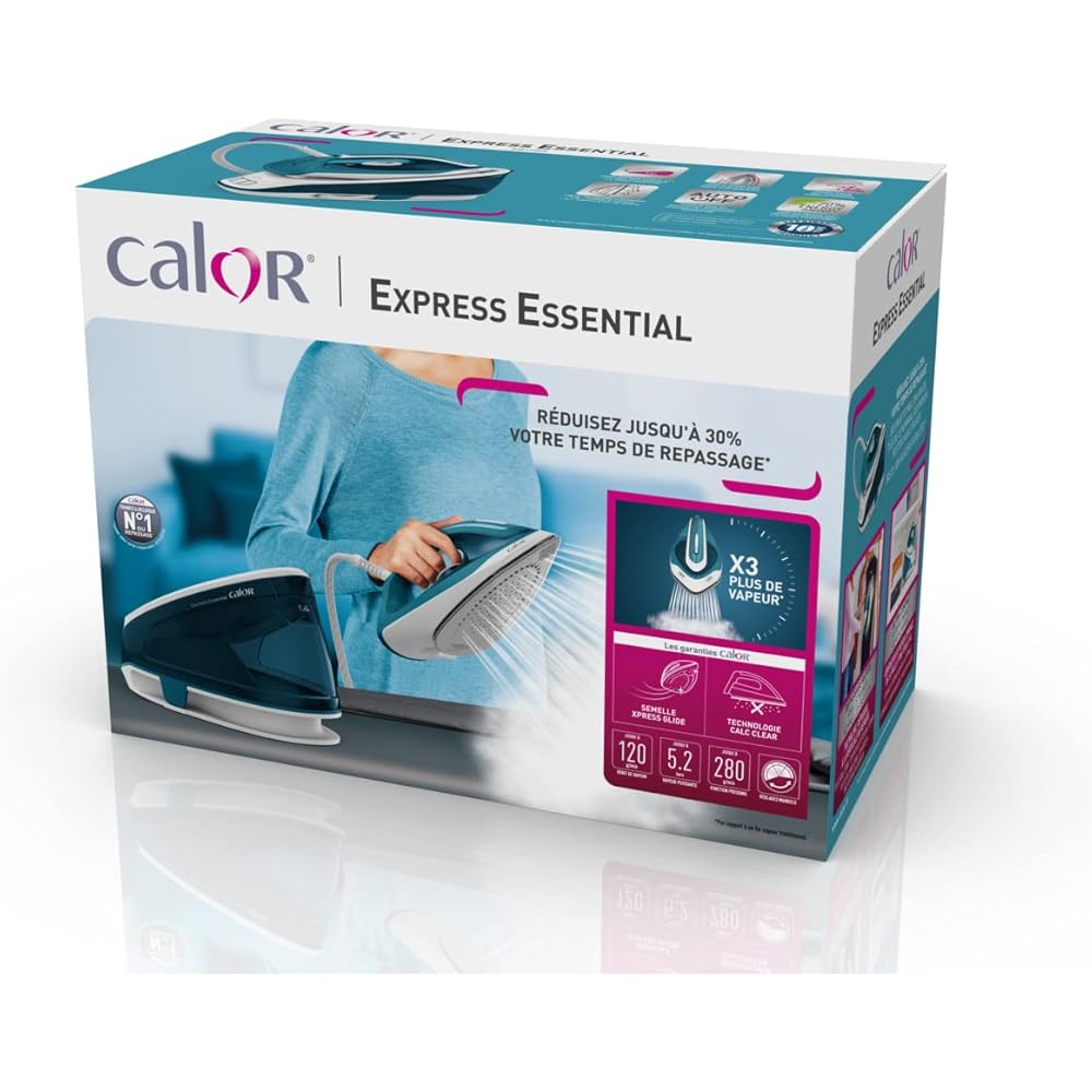 Calor Expresse Essential centrale vapeur 5.2 bars débit de vapeur 120 g/min fonction pressing 280 g/min réservoir d’eau 1,4 L système anti-calcaire mode éco défroissage vertical repassage SV6115C0 : Cuisine et Maison