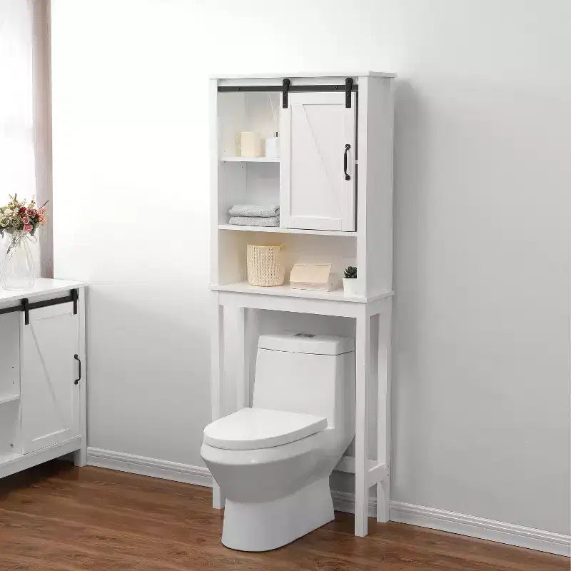 LuxenHome Farmhouse White MDF Over-the-Toilet Space Saver Cabinet