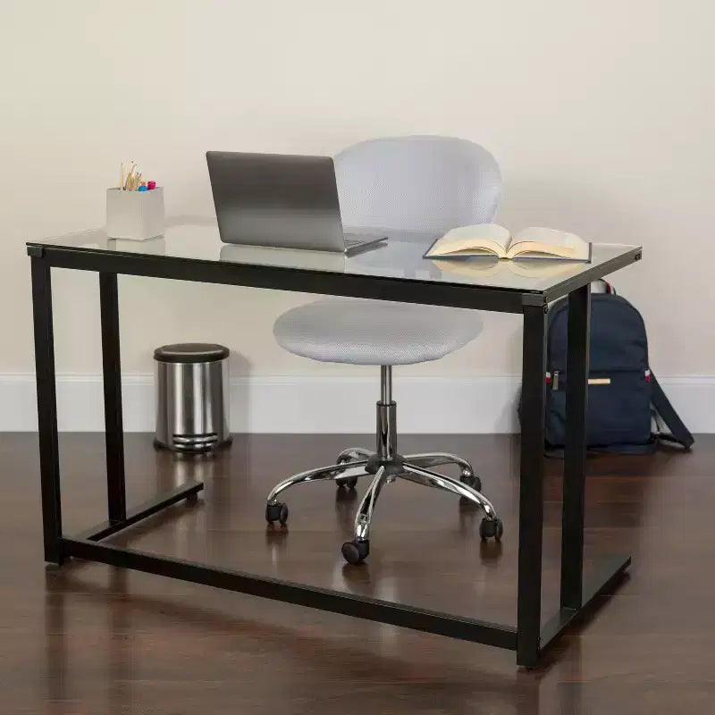 Emma and Oliver Glass Desk with Black Pedestal Metal Frame