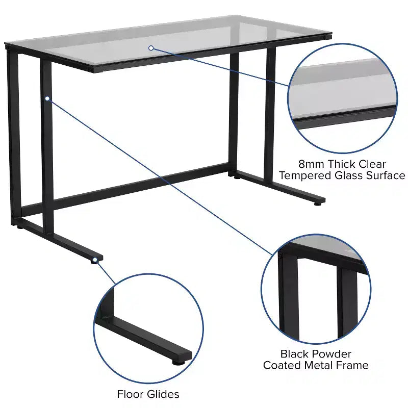 Emma and Oliver Glass Desk with Black Pedestal Metal Frame