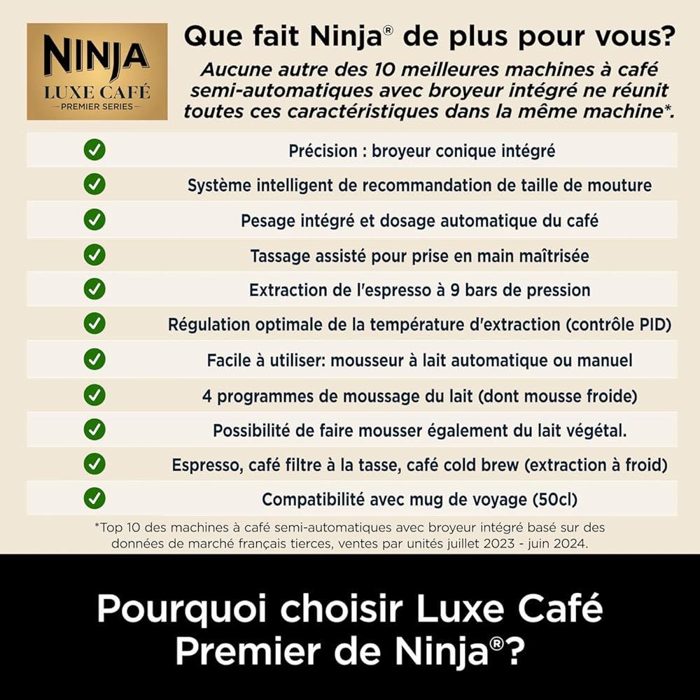 NINJA Machine à café Luxe Premier 3-en-1, Latte, Cappuccino, Infusion à froid et Espresso avec broyeur à grains et mousseur à lait intégrés, facile à utiliser, EU Prise, argent, ES601EU : Cuisine et Maison